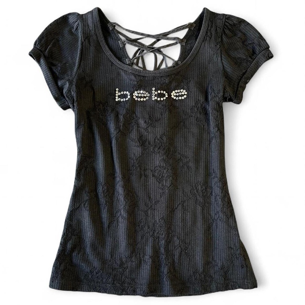 Y2K Black Bebe Lace Corset Tie Back Rhinestone Logo Top Size M